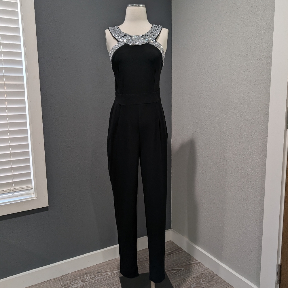Venus Black Crystal Beaded Neckline Jumpsuit Size S